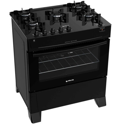 Fogão Atlas 5 Bocas Mônaco Top Glass Automático Mesa Vidro Forno 86,5L - Bivolt - Preto